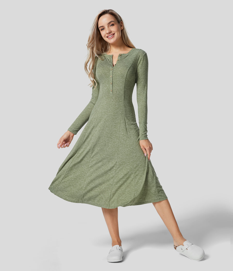 Round Neck Button Long Sleeve Flare Midi Casual Dress