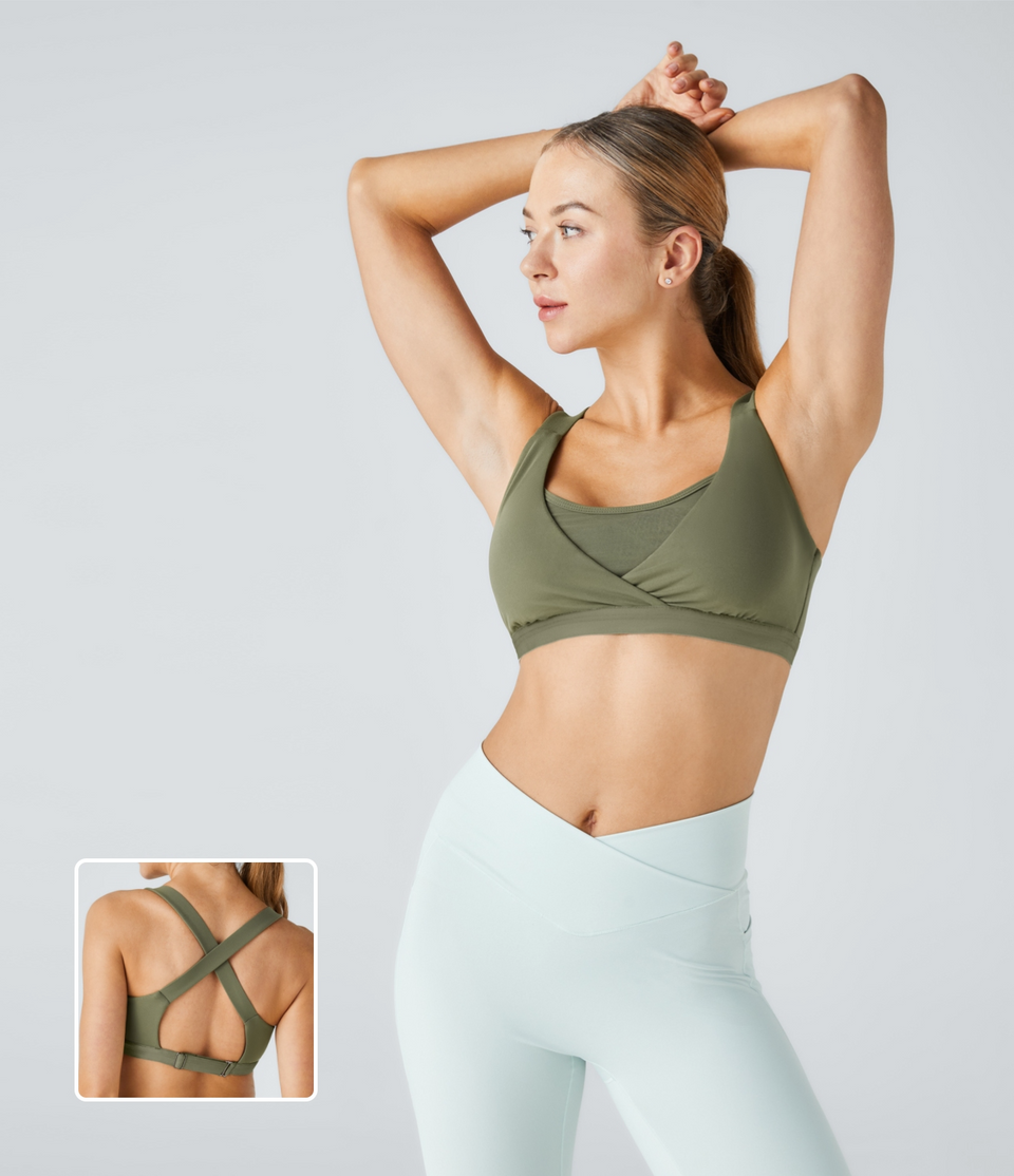 UltraSculpt Low Support Backless Crisscross Adjustable Buckle Crossover Contrast Mesh Nursing Yoga Sports Bra