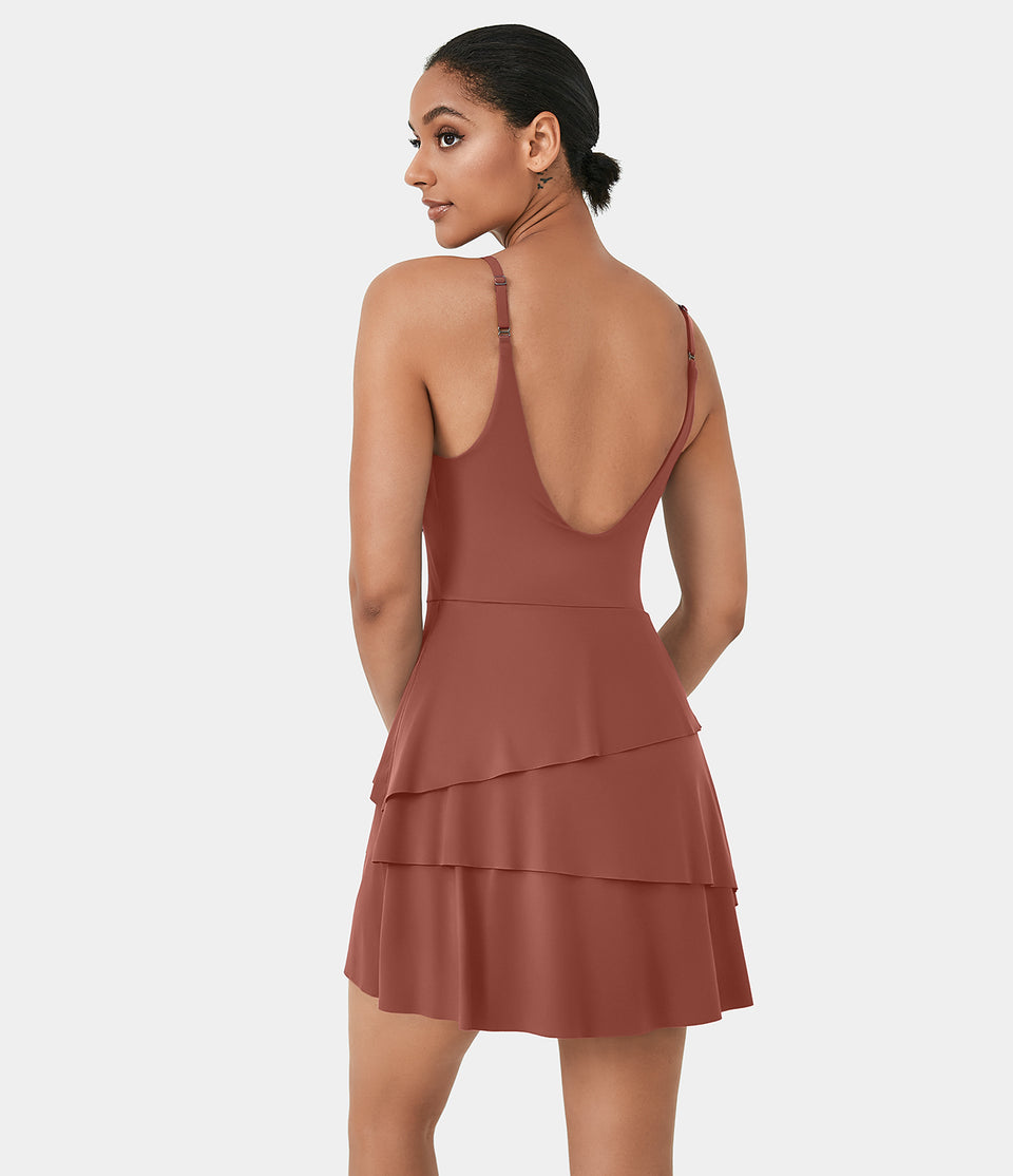 Softlyzero™ Airy Backless Tiered Ruffle 2-in-1 Pocket Cool Touch Mini Slip Dance Active Dress-UPF50+