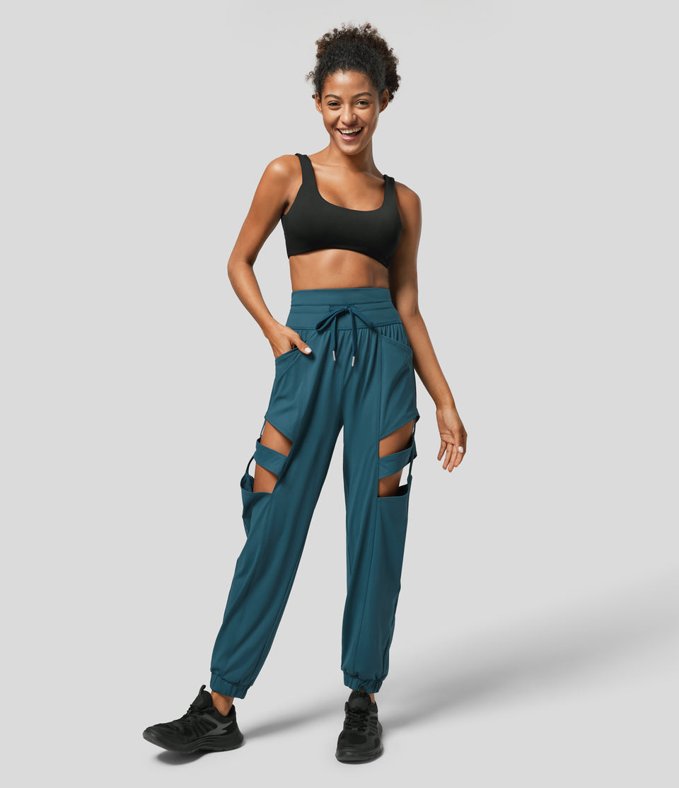High Waisted Drawstring Side Pocket Cut Out Quick Dry Running Joggers