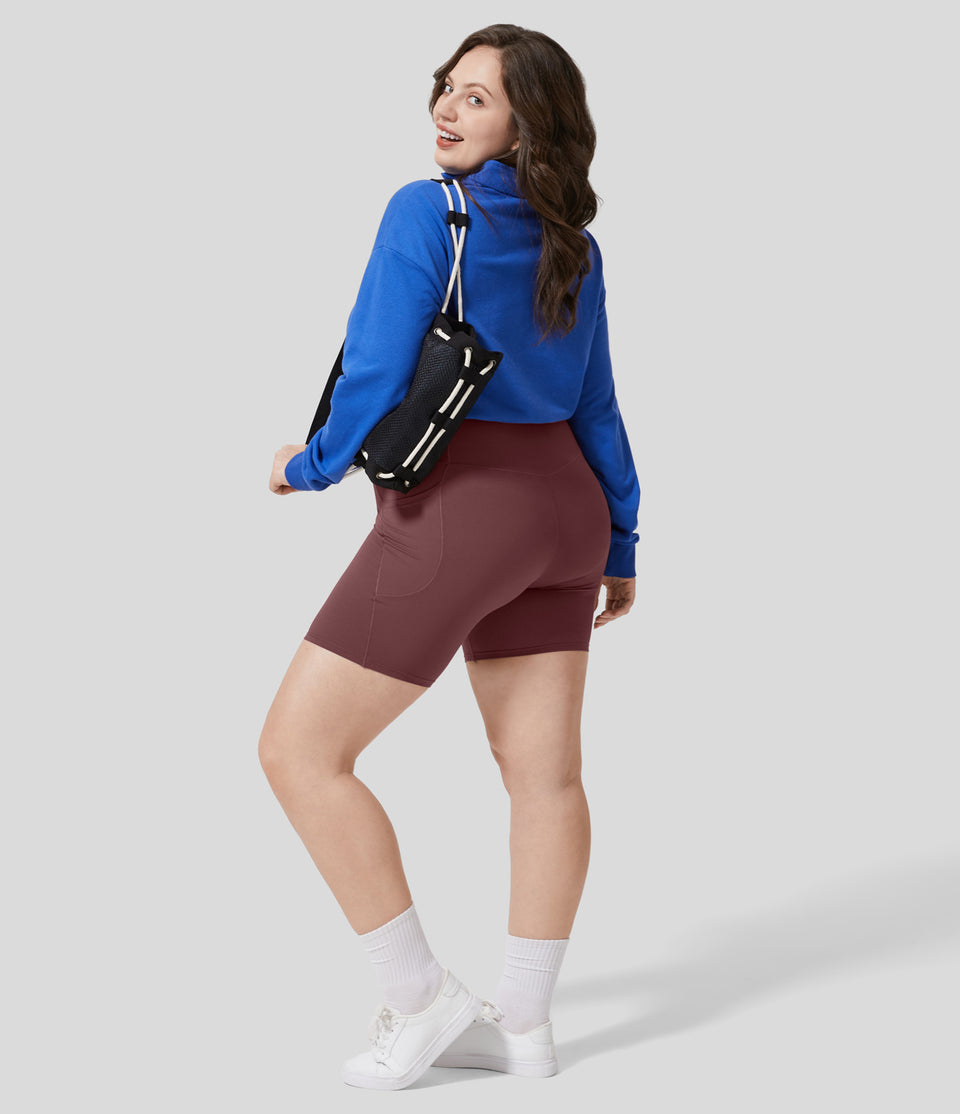 Softlyzero™ High Waisted Crossover Side Pocket Yoga Plus Size Biker Shorts 7"-UPF50+
