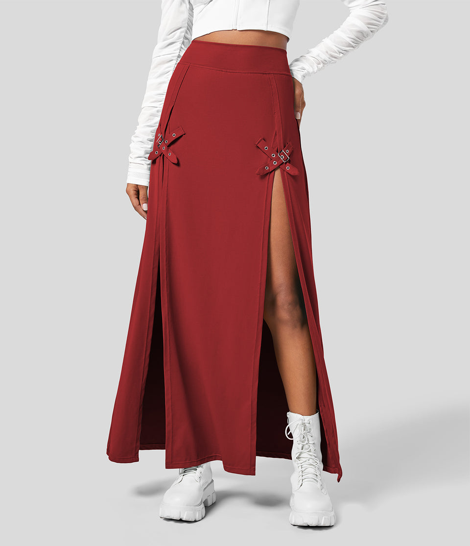 High Waisted Decorative Buckle Split 2-in-1 Maxi Casual Skirt