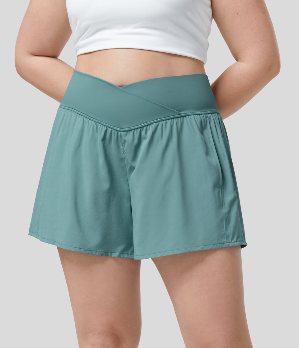 Breezeful™ High Waisted Crossover Side Pocket Plus Size 2-in-1 Quick Dry Yoga Shorts 4.5"
