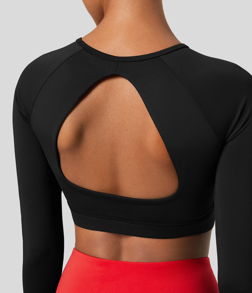 Round Neck Cut Out Thumb Hole Backless Cropped Quick Dry Tennis Sports Top