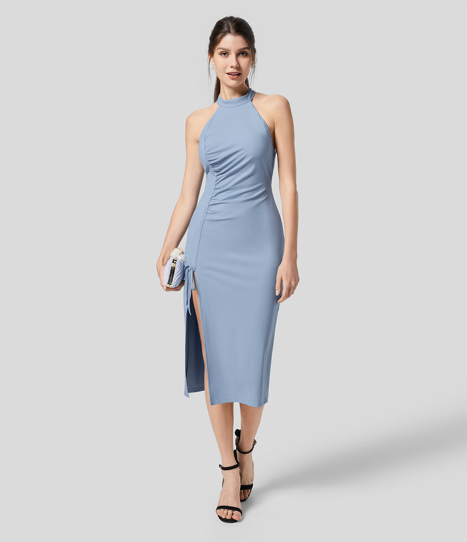 Mock Neck G-Hook Backless Ruched Knot Split Midi Bridesmaid And Wedding Guest Dress