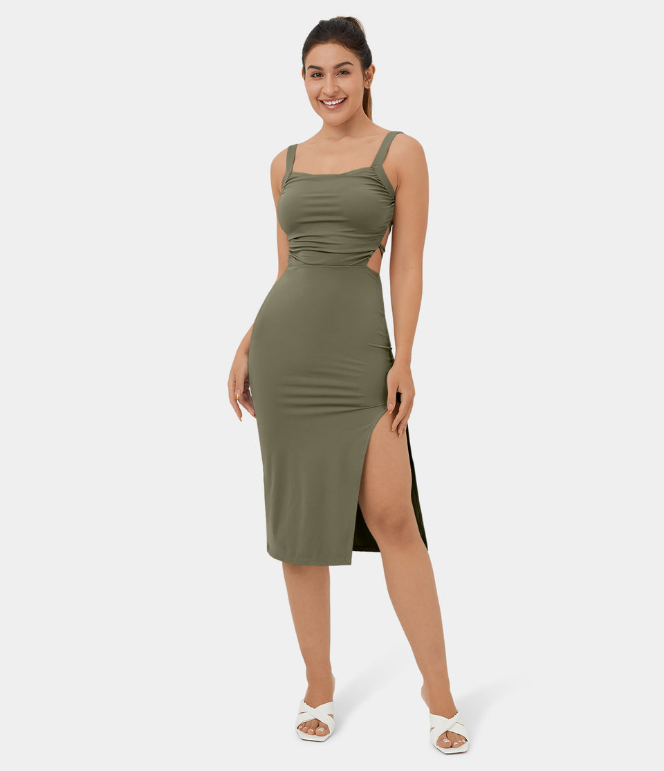Ruched Backless Crisscross Lace Up Split Bodycon Midi Casual Dress