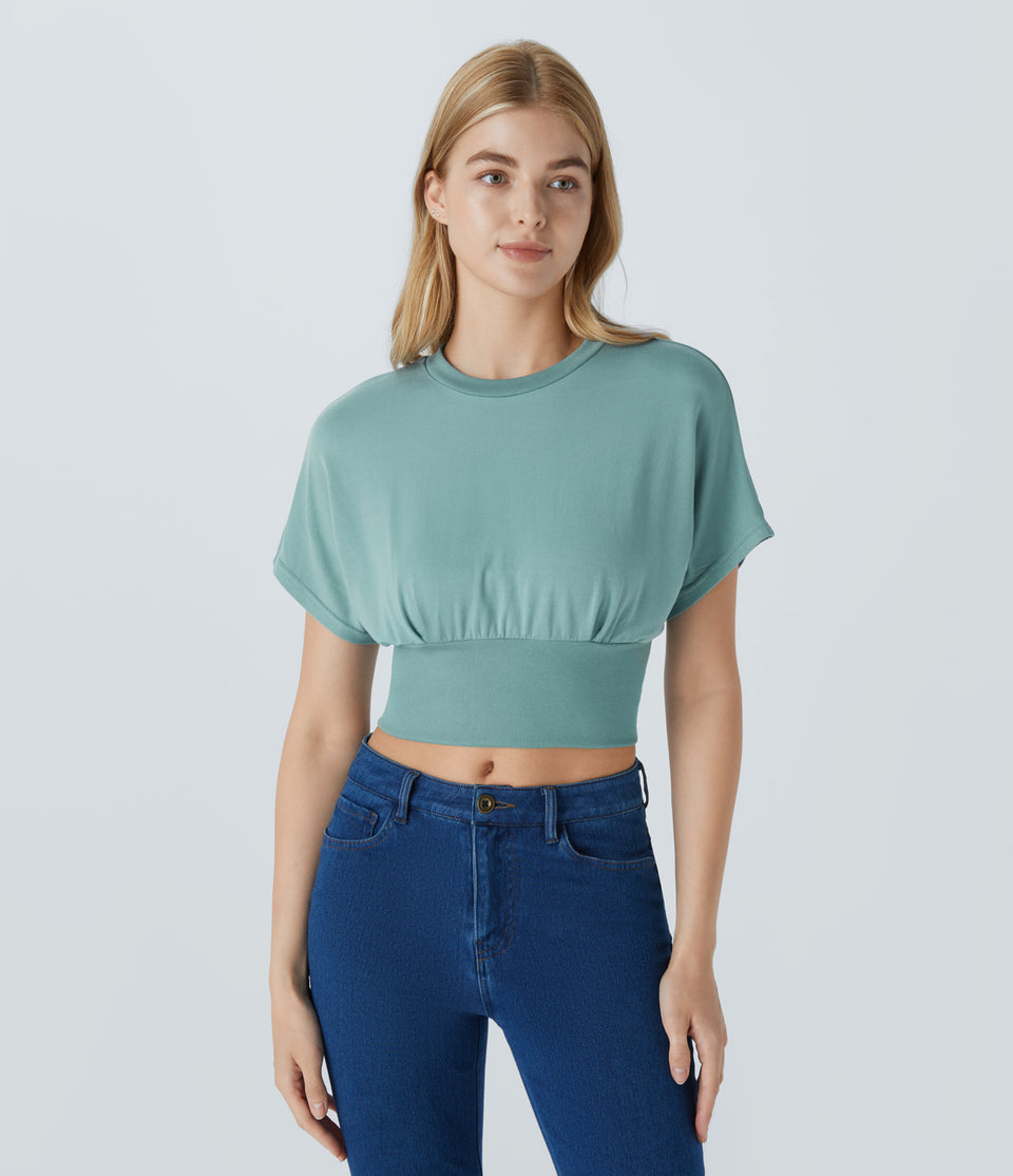 Round Neck Batwing Sleeve Cropped Casual Top