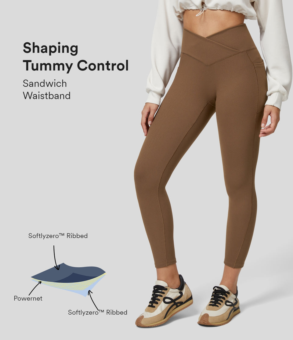 Softlyzero™ Ribbed High Waisted Tummy Control Crossover Side Pocket Plain Yoga 7/8 Leggings