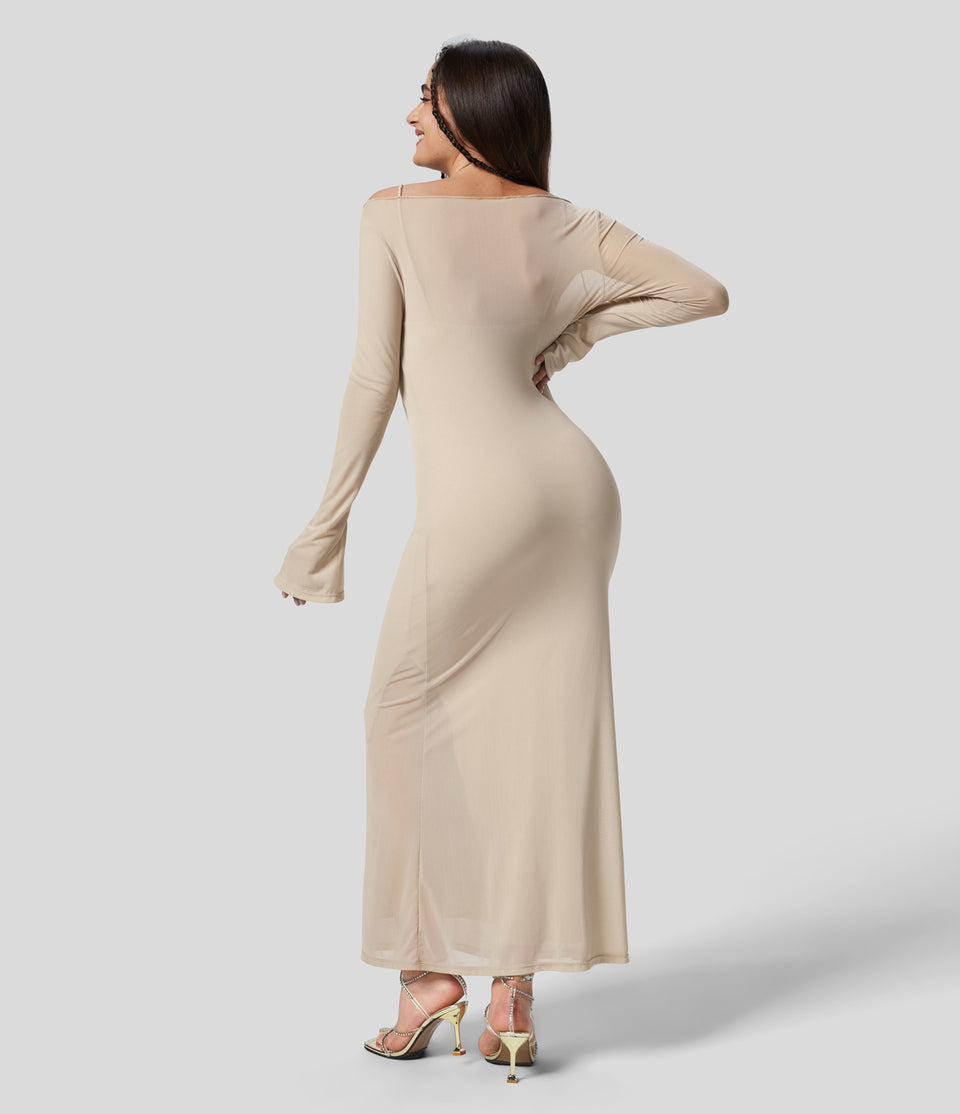 Sheer Pagoda Sleeve Split Bodycon 2-Piece Maxi Party Dress