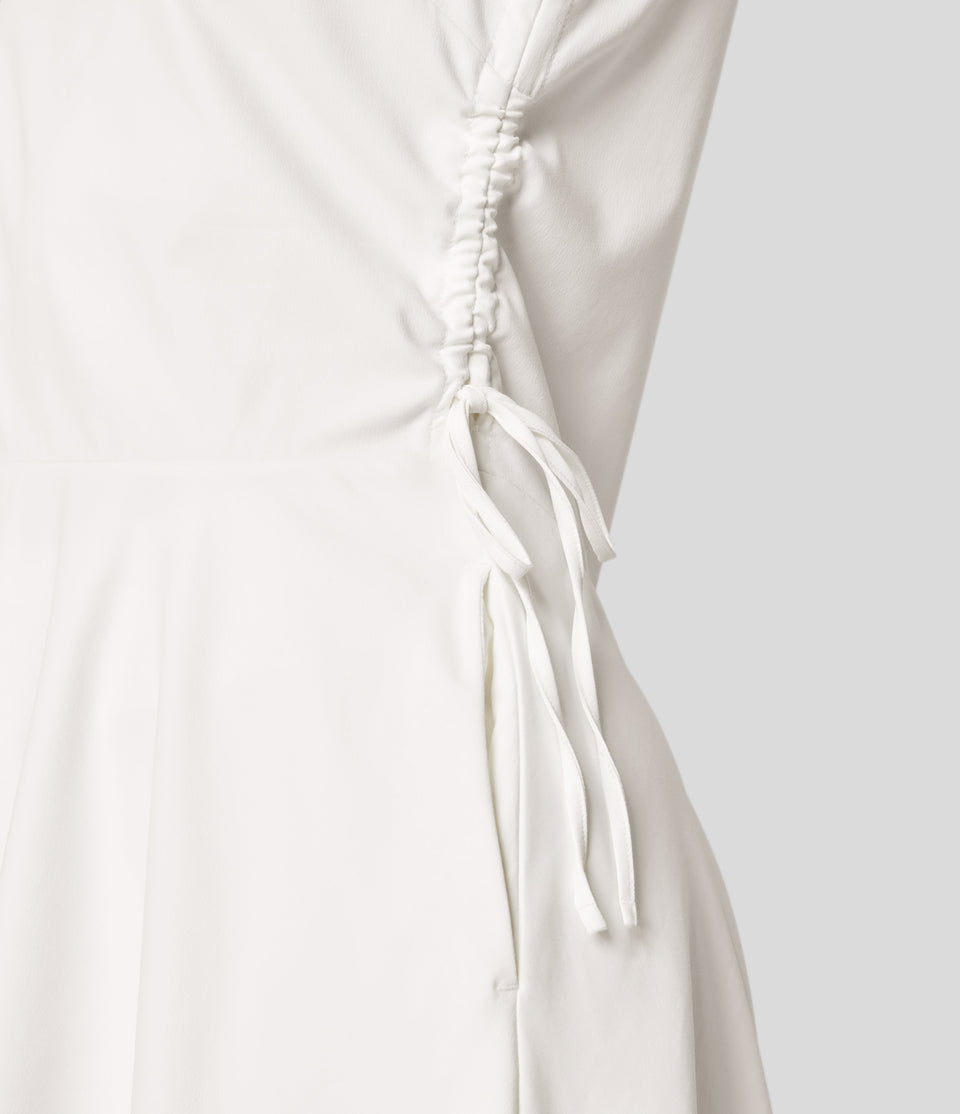 V Neck Sleeveless Drawstring Side Pocket Hanky Hem Mini Casual Dress