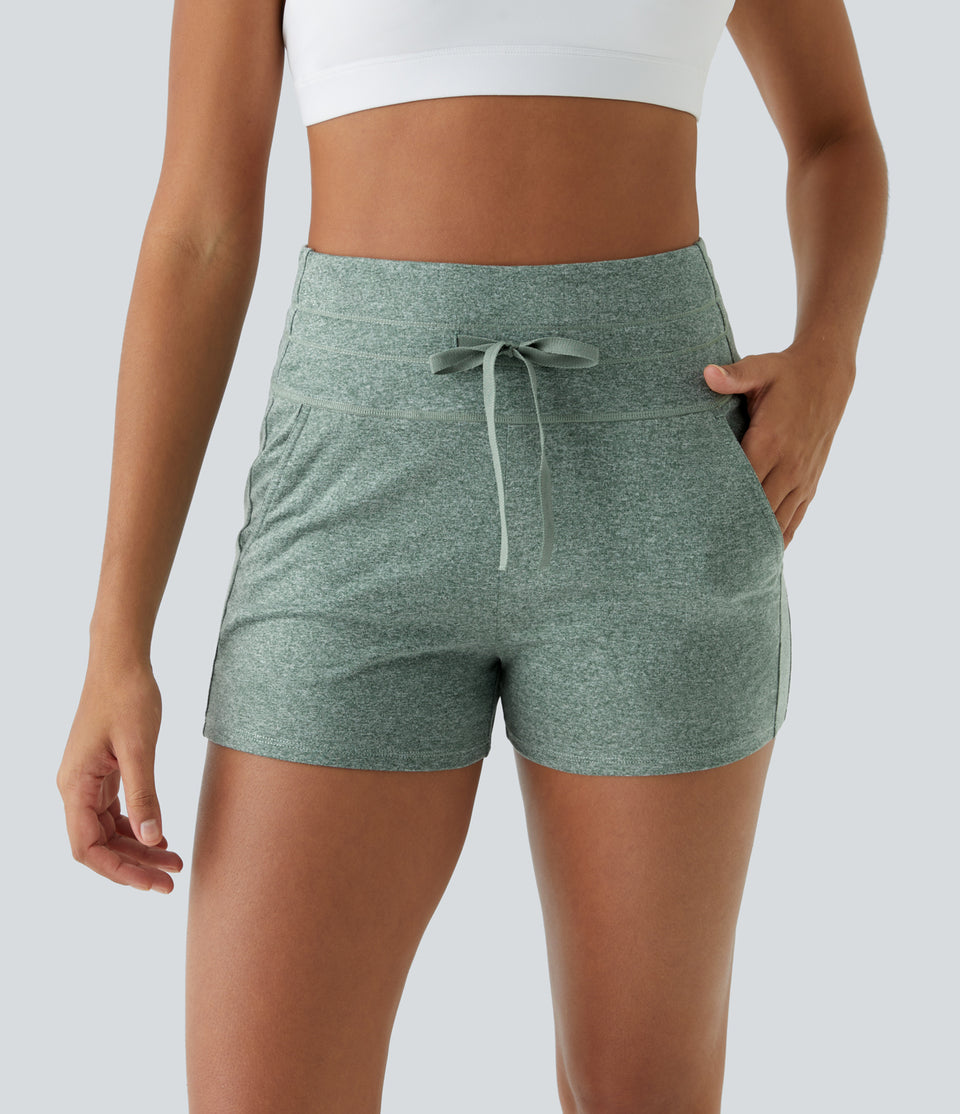 High Waisted Drawstring Side Pocket Ruched Yoga Shorts