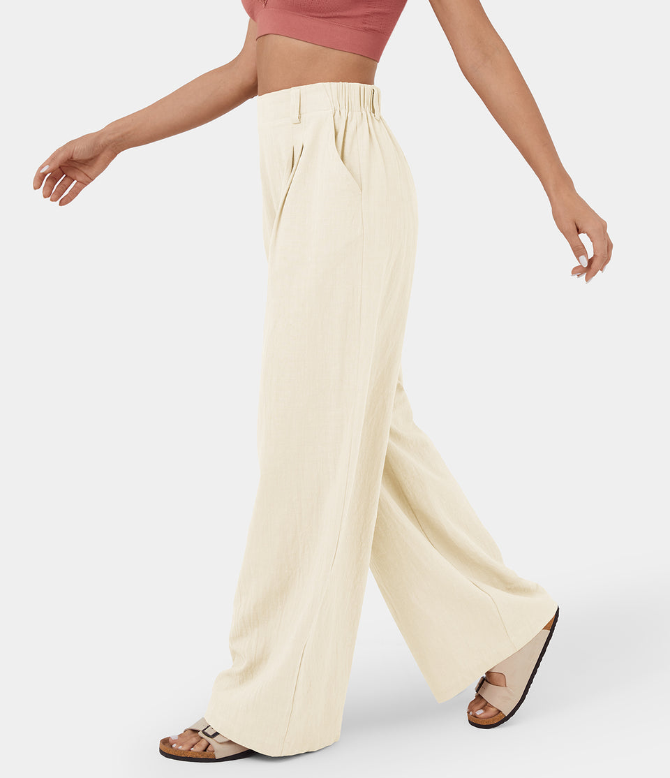 High Waisted Plicated Side Pocket Wide Leg Flowy Solid Palazzo Casual Pants