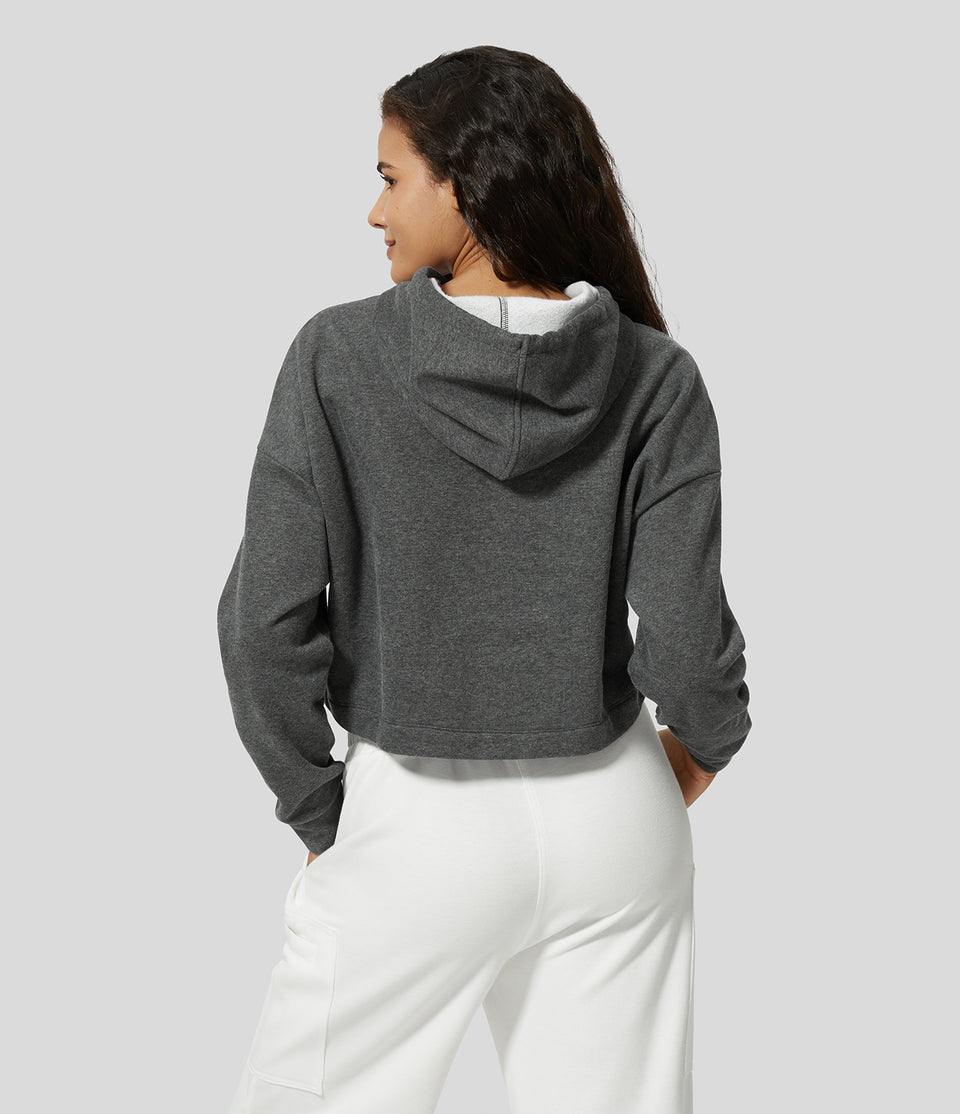 Hooded Dropped Shoulder Drawstring Cropped Fleece Casual Cotton Hoodie Sweatshirt