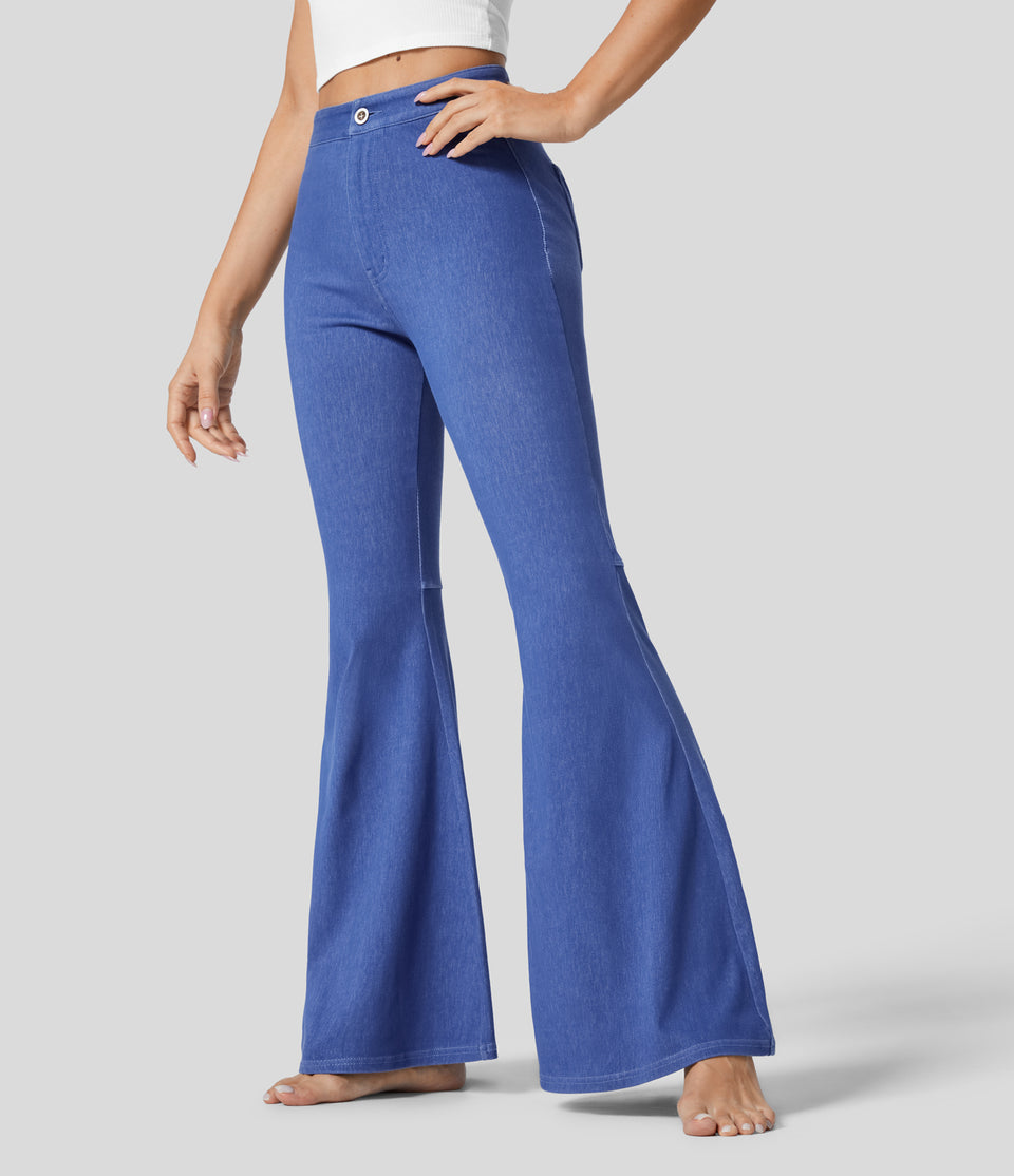 HalaraMagic™ High Waisted Back Pocket Washed Colorful Stretchy Knit Casual Super Flare Jeans