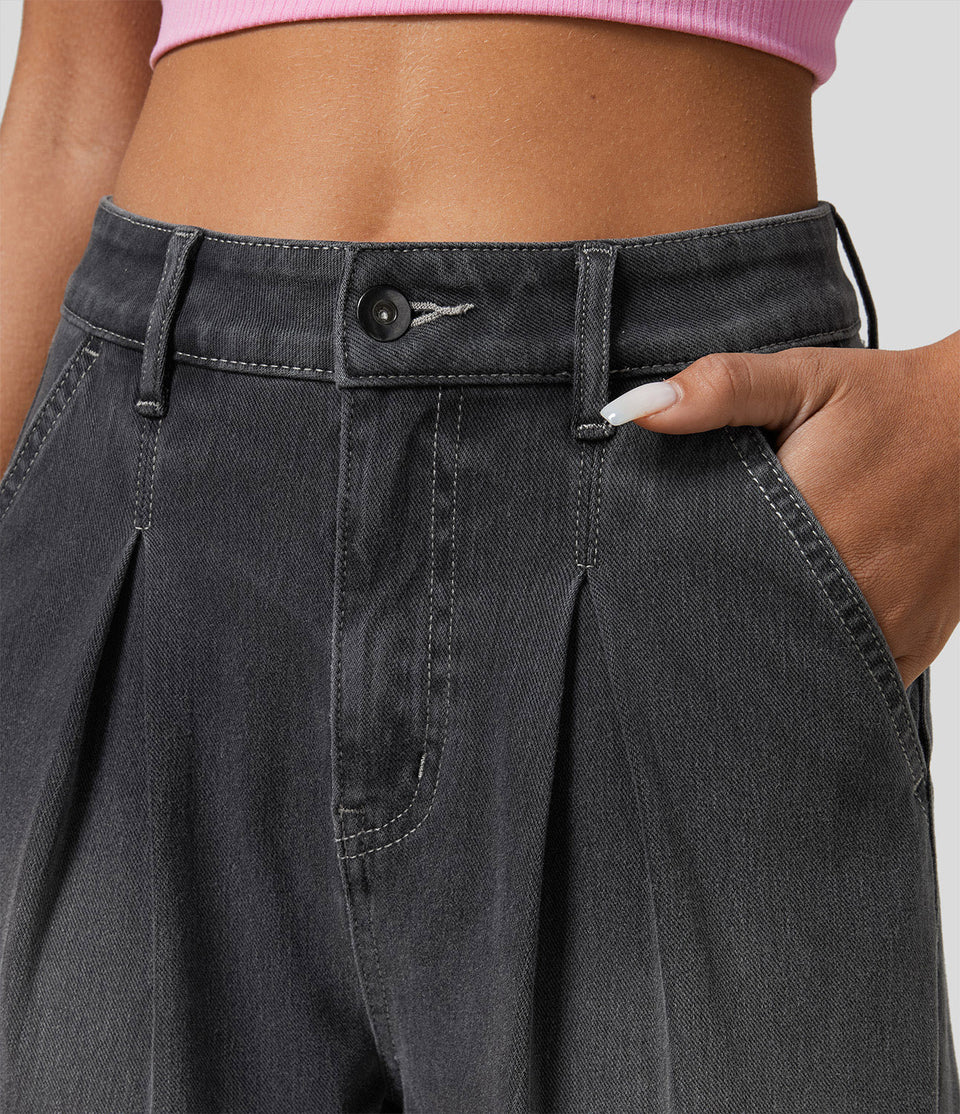 HalaraMagic™ High Waisted Button Zipper Plicated Multiple Pockets Washed Stretchy Knit Denim Casual Shorts