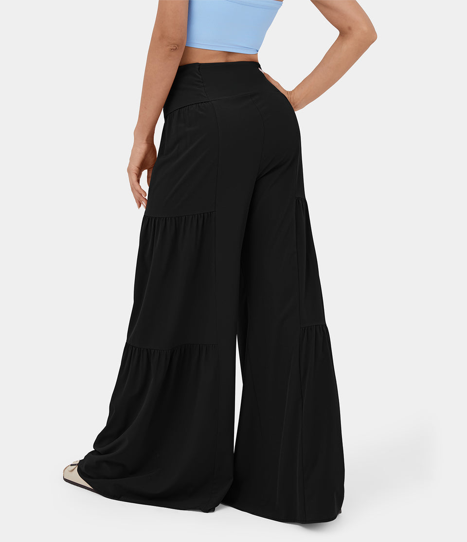 Breezeful™ High Waisted Shirred Tie Front & Back Plicated Wide Leg Flowy Quick Dry Casual Pants