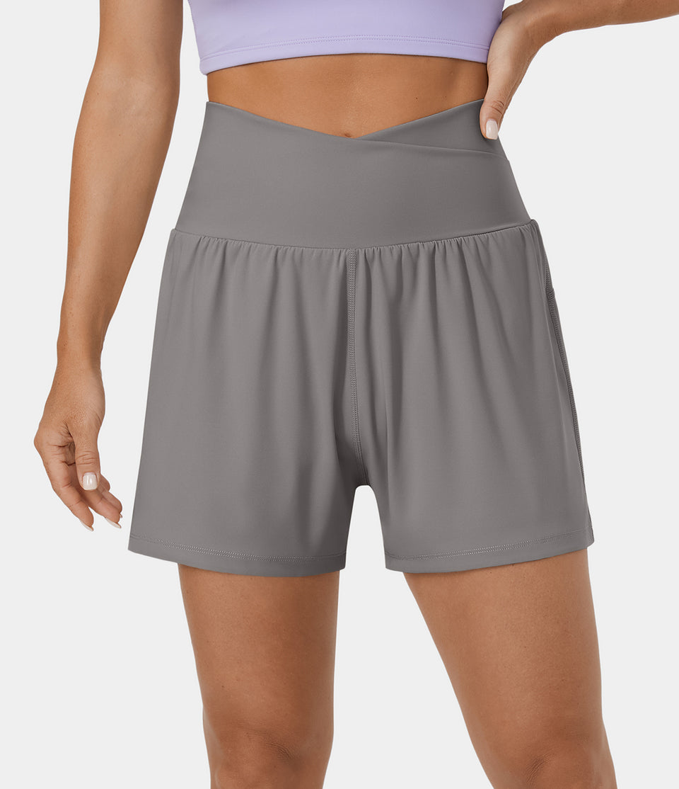 High Waisted Crossover Side Pocket 2-in-1 Casual Shorts