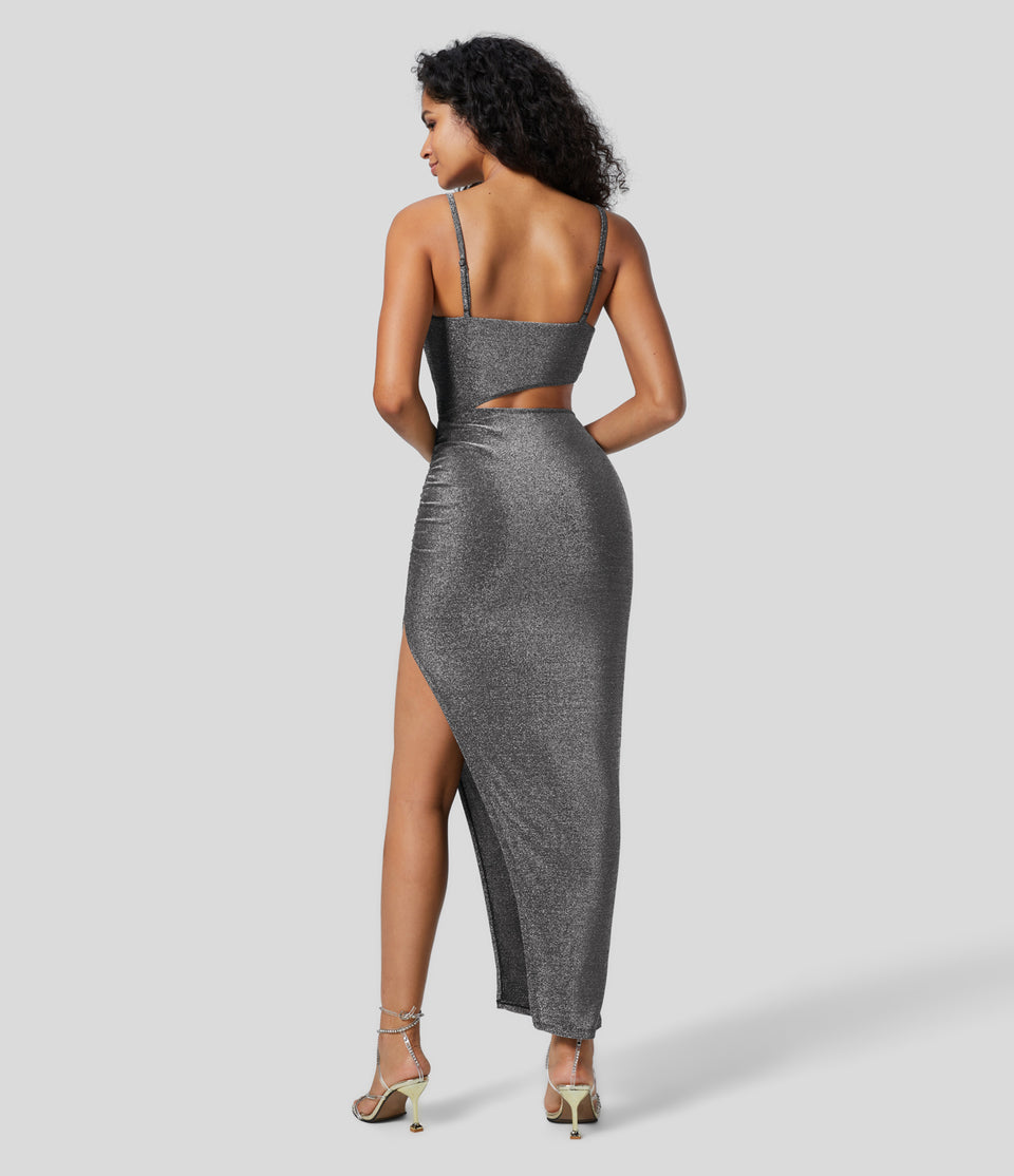 Cut Out Backless Ruched Split Hem Bodycon Maxi Metallic Party Slip Dress