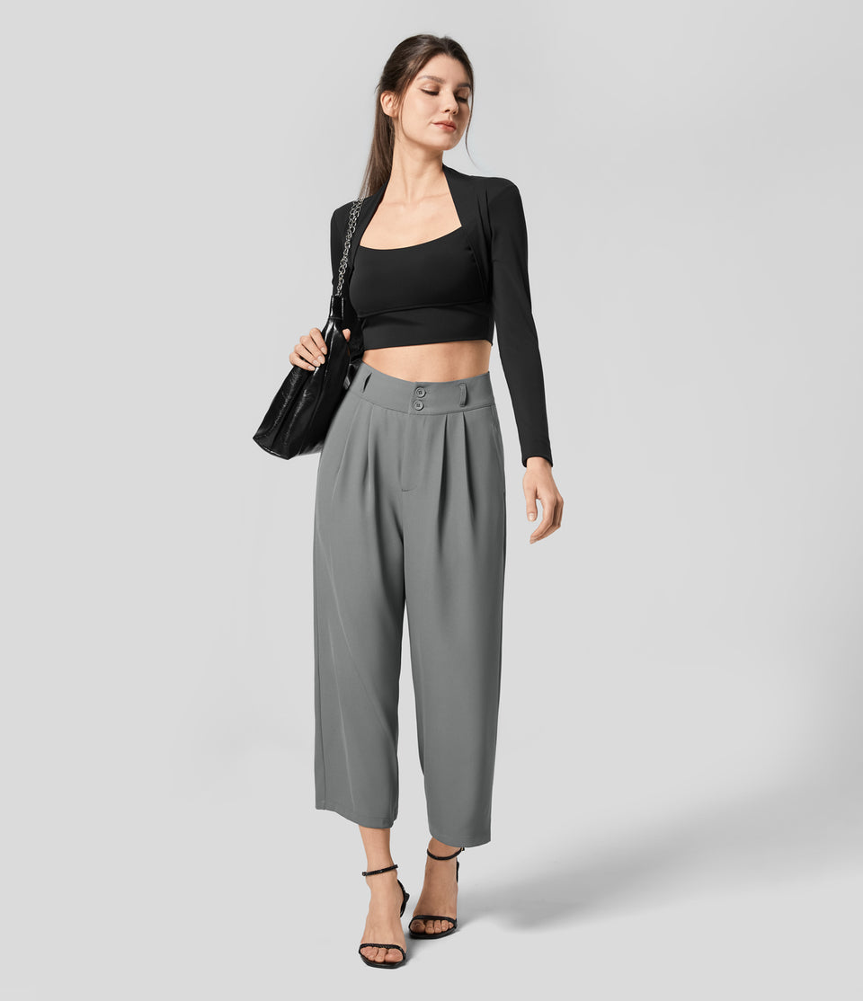 High Waisted Button Zipper Plicated Side Pocket Shirred Wide Leg Cropped Work Suit Pants