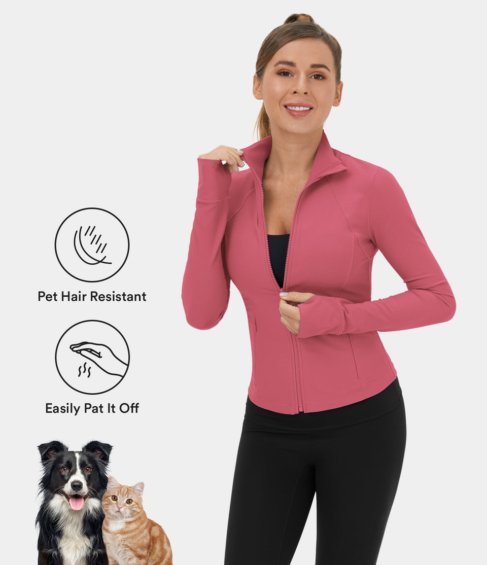 Patitoff® Flow Pet Hair Resistant Stand Collar Zipper Side Pocket Thumb Hole Cropped Casual Jacket
