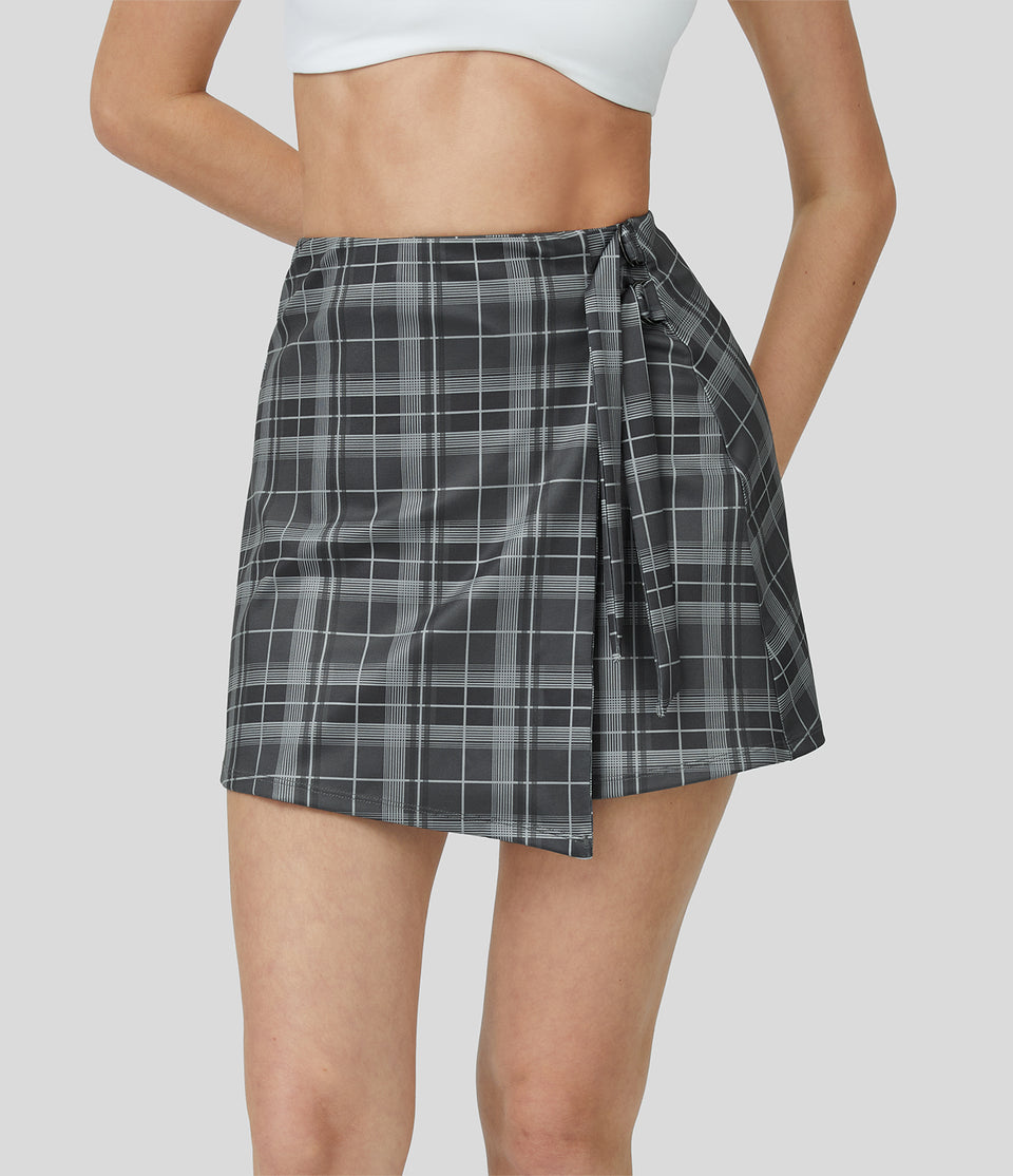 High Waisted Adjustable Buckle Plaid Wrapped A Line Mini Casual Skirt