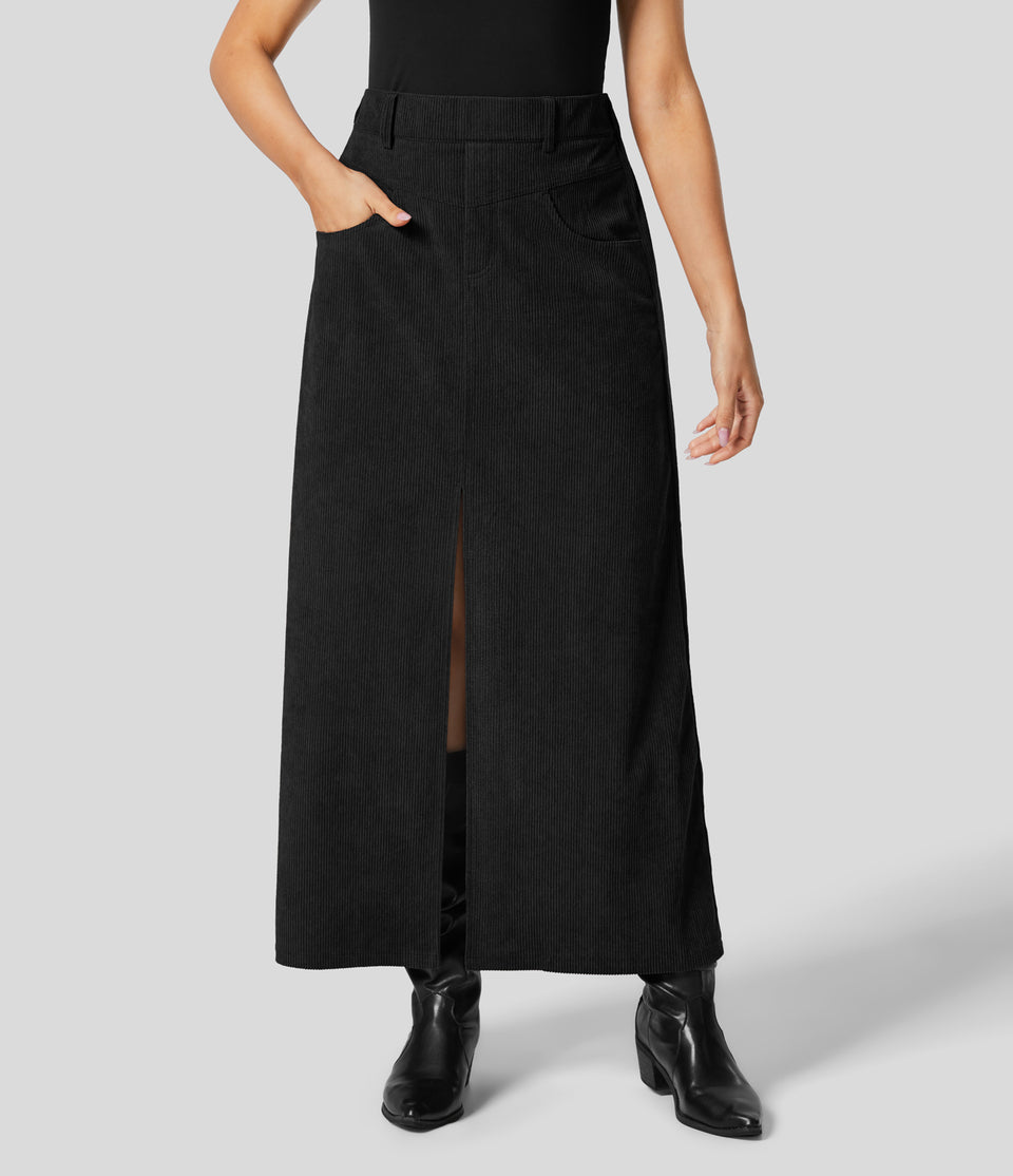 Mid Rise Elastic Waistband Multiple Pockets Split Hem Maxi Corduroy Work Skirt