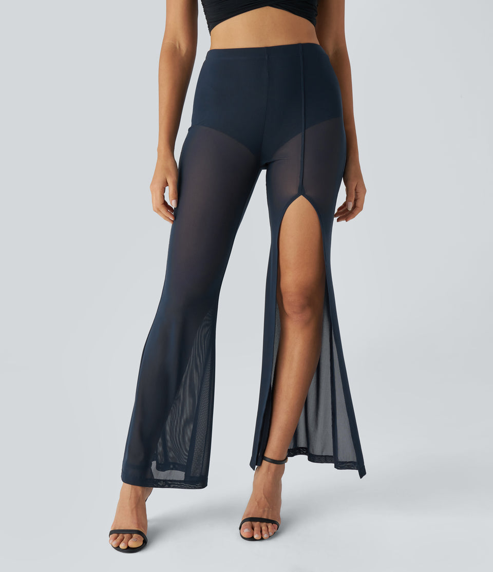 High Waisted 2-in-1 High Split Mesh Flare Casual Pants
