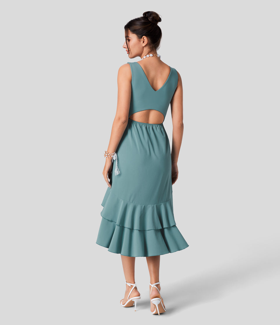 Breezeful™ V Neck Backless Cut Out Side Pocket Plicated Ruffle Flowy Quick Dry Midi Bridesmaid And Wedding Guest Dress