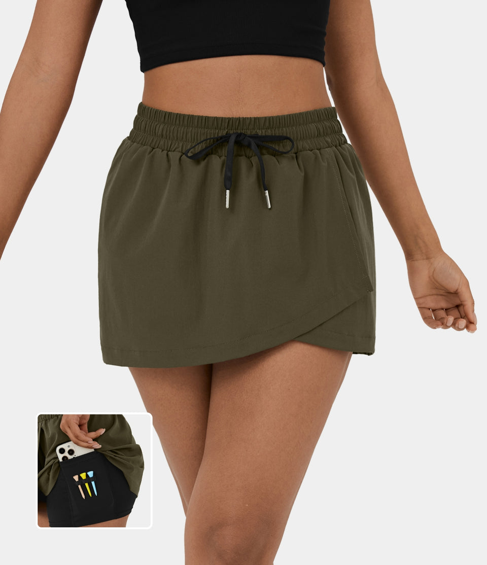 High Waisted Drawstring Crossover Hem 2-in-1 Side Pocket A Line Mini Golf Skirt-Golf Tee Pocket
