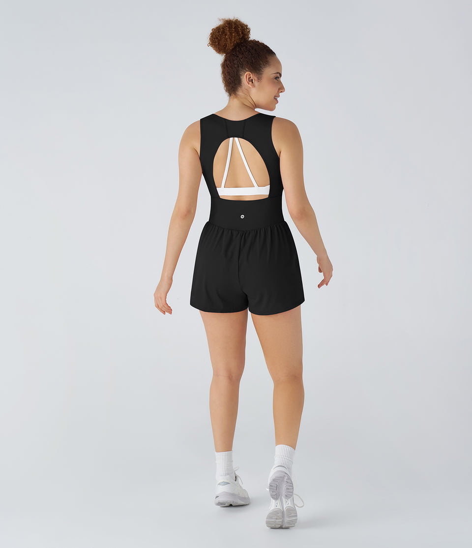 Square Neck Backless Multiple Pockets 2-in-1 Quick Dry Tank Tennis Jumpsuit