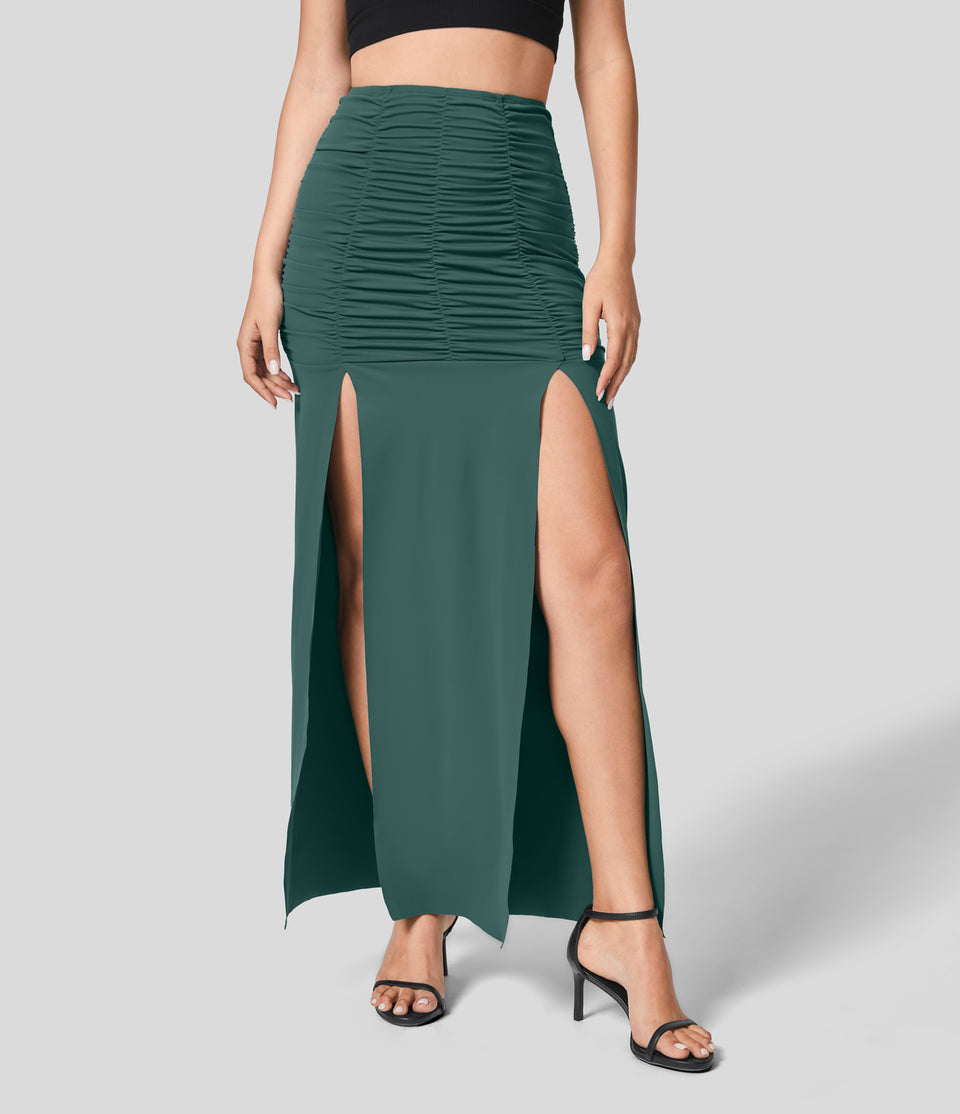 High Waisted Ruched Split Maxi Casual Skirt