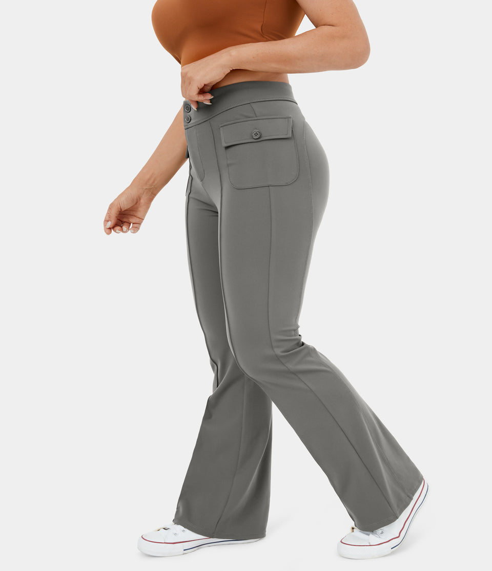 High Waisted Button Side Flap Pocket Flare Plus Size Casual Cargo Pants