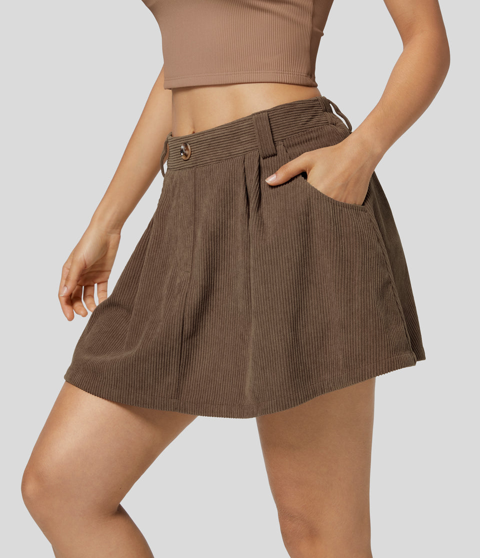 Mid Rise Button Side Pocket 2-in-1 Corduroy Flare Mini Casual Skirt