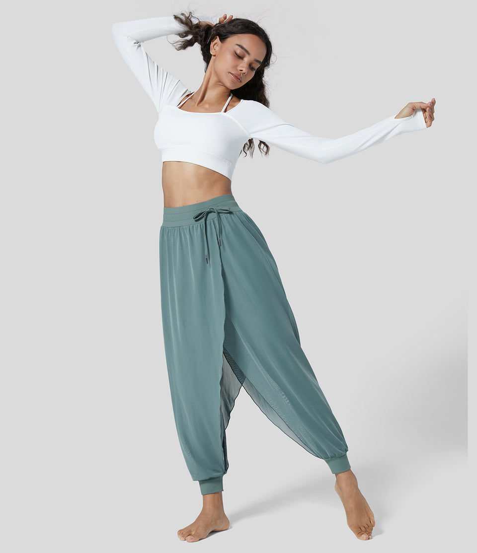 High Waisted Side Drawstring Contrast Mesh Flowy Solid Yoga Joggers