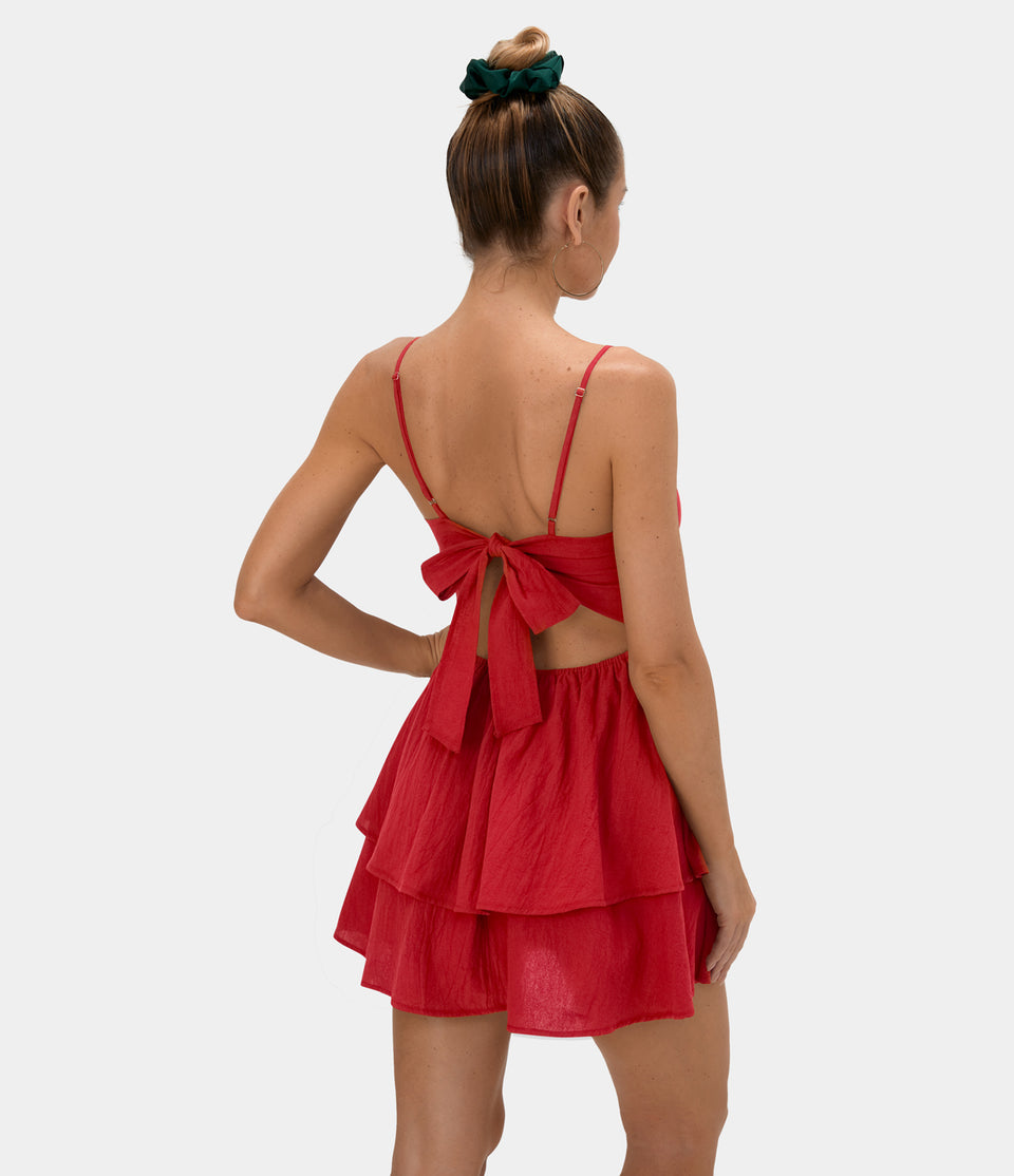 Backless Adjustable Strap Tie Back Tiered Ruffle Flowy Slip Mini Casual Linen-Feel Dress