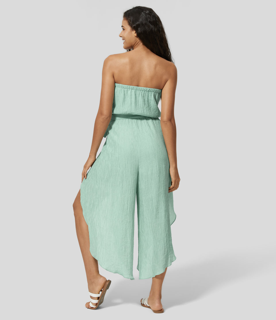 Strapless Backless Belted 2-in-1 Split Flowy Casual Jumpsuit