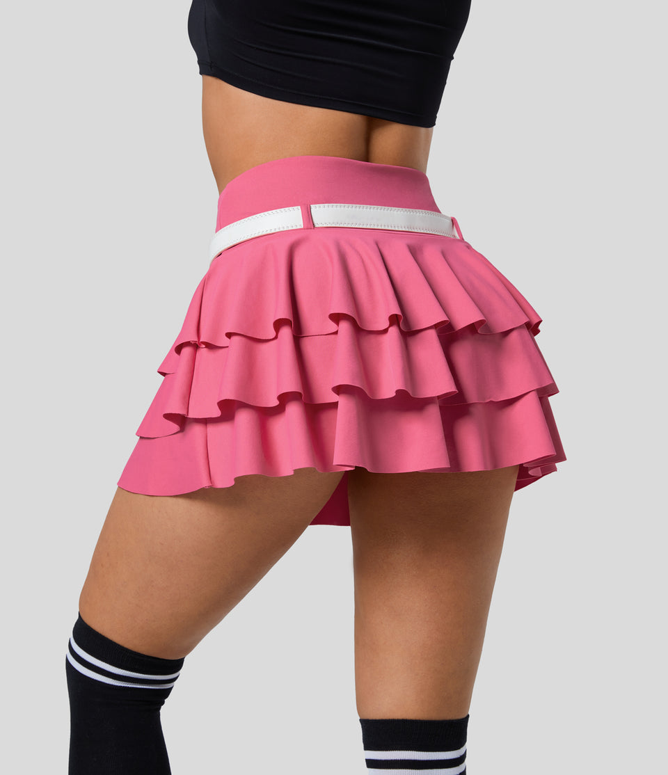 High Waisted Tiered Ruffle 2-in-1 Side Pocket Micro Mini Dance Skirt Without Belt