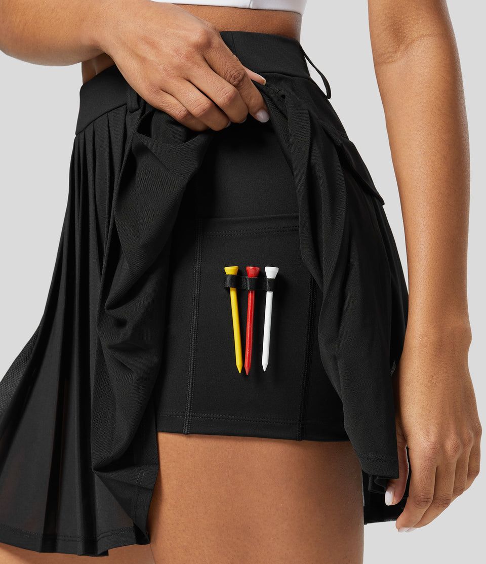 High Waisted 2-in-1 Side Pocket Pleated Contrast Mesh Mini Golf Skirt-Golf Tee Pocket