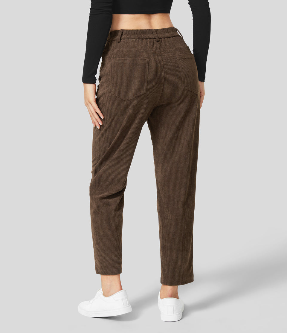 High Waisted Button Zipper Multiple Pockets Corduroy Ankle Length Casual Pants