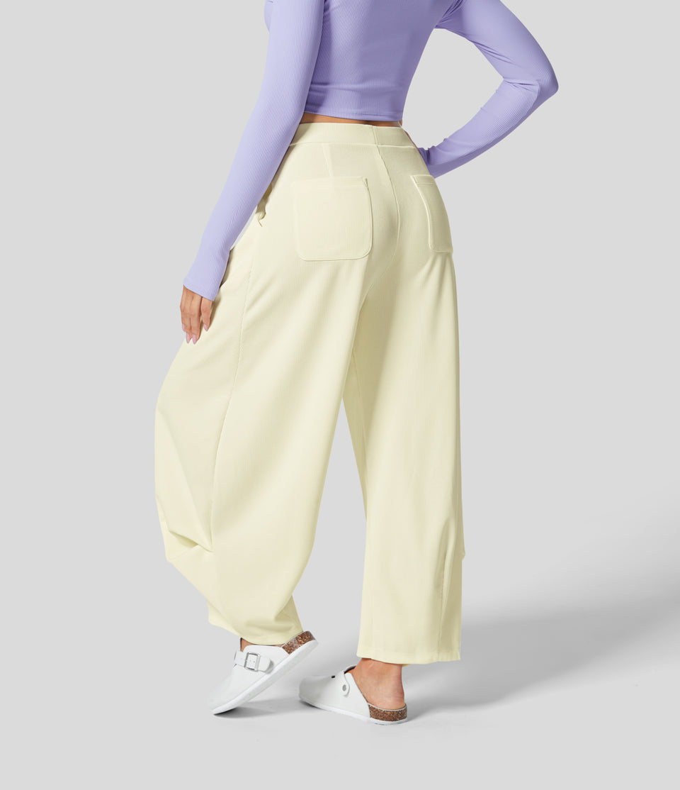 Ribbed High Waisted Plicated Multiple Pockets Solid Casual Harem Pants