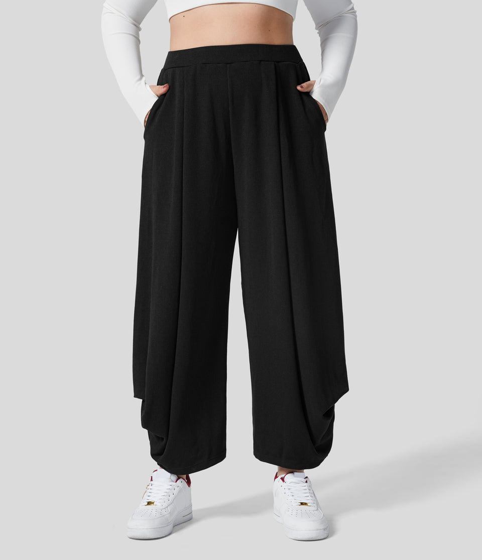 Ribbed High Waisted Plicated Multiple Pockets Solid Casual Plus Size Harem Pants