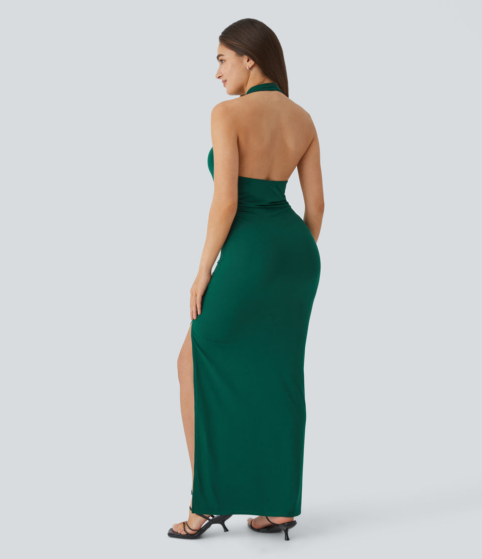 Halter Cowl Neck Backless Ruched Split Maxi Party Dress