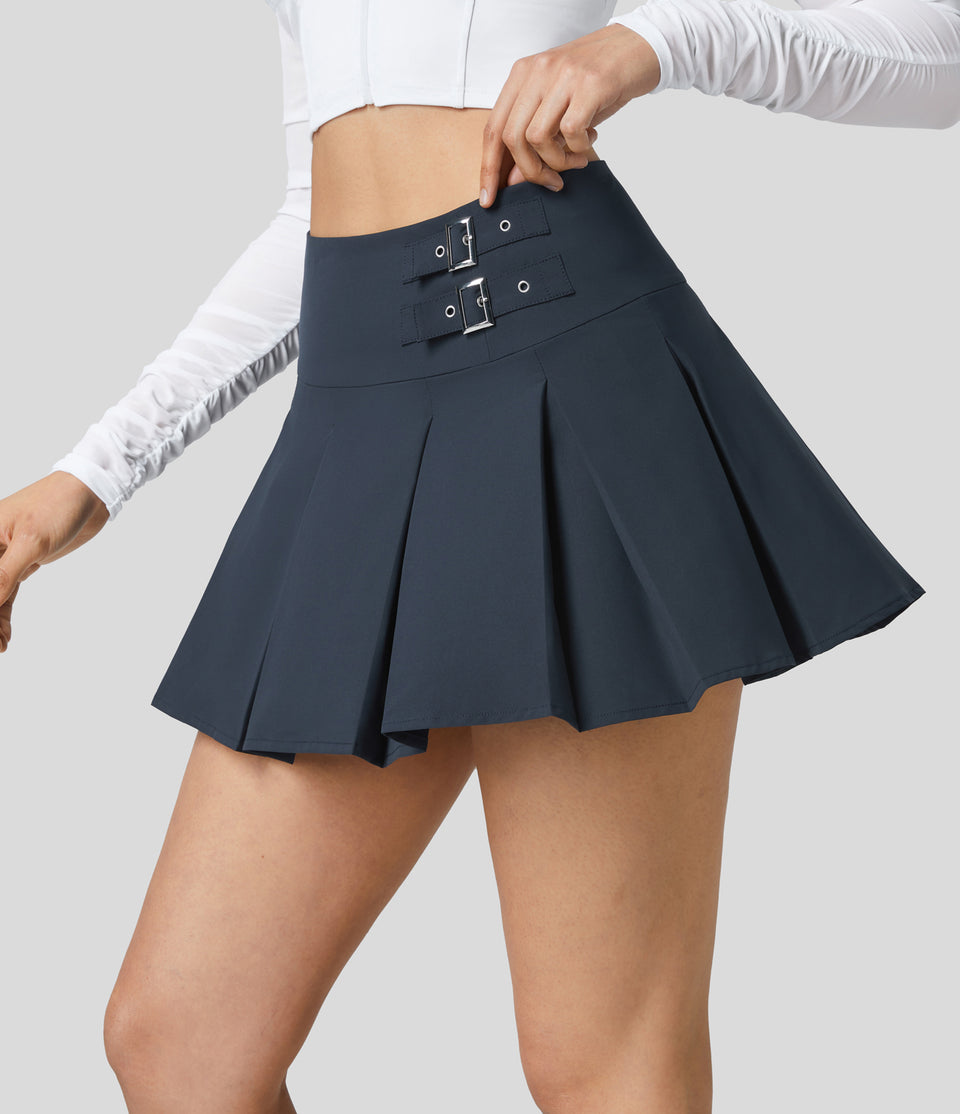 High Waisted Invisible Zipper Decorative Buckle 2-in-1 Side Pocket Pleated A Line Mini Dance Skirt