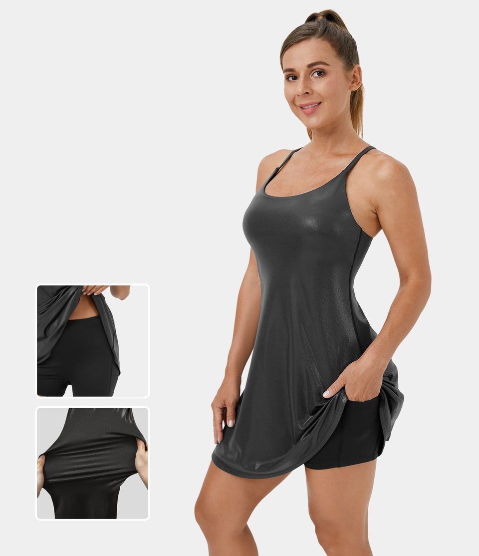 Softlyzero™ Faux Leather Backless Crisscross 2-Piece Foil Print Stretchy Flare Dance Active Dress