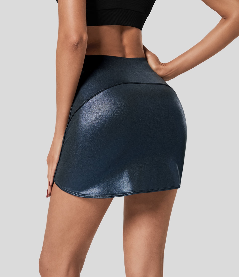 Softlyzero™ Faux Leather High Waisted 2-in-1 Side Pocket Curved Hem Metallic Foil Print Stretchy Bodycon Mini Party Skirt