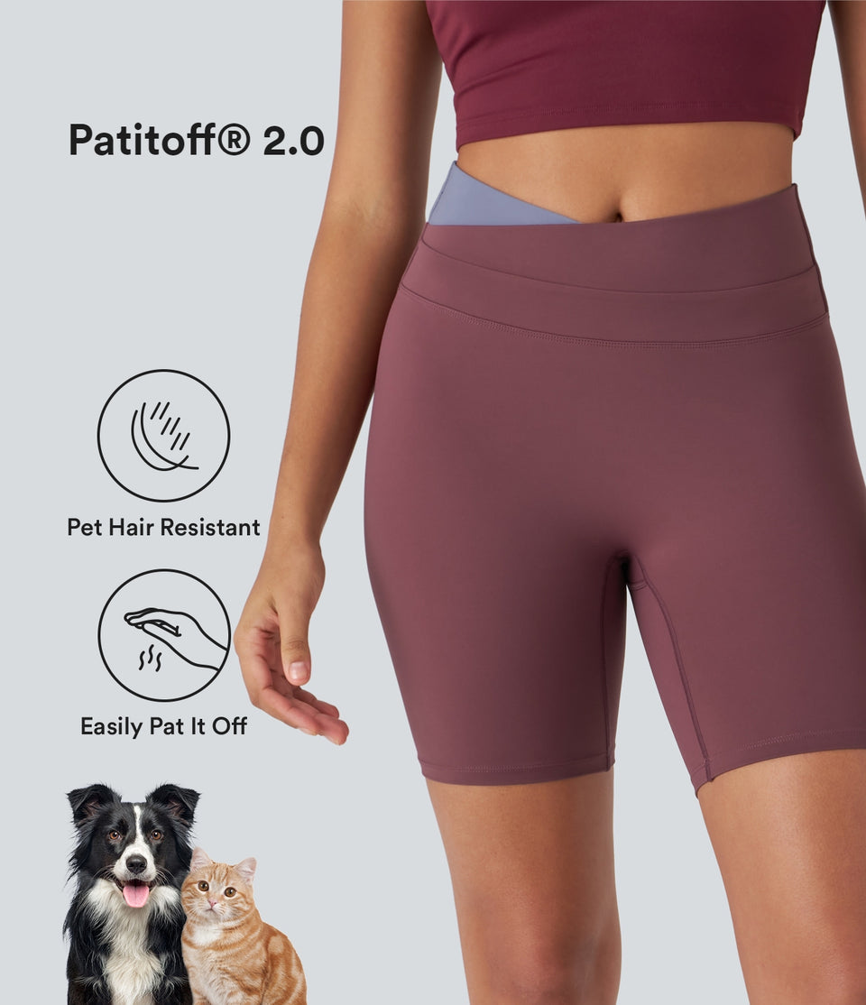 Patitoff® 2.0 Pet Hair Resistant High Waisted Crossover Color Block Yoga Biker Shorts 7''