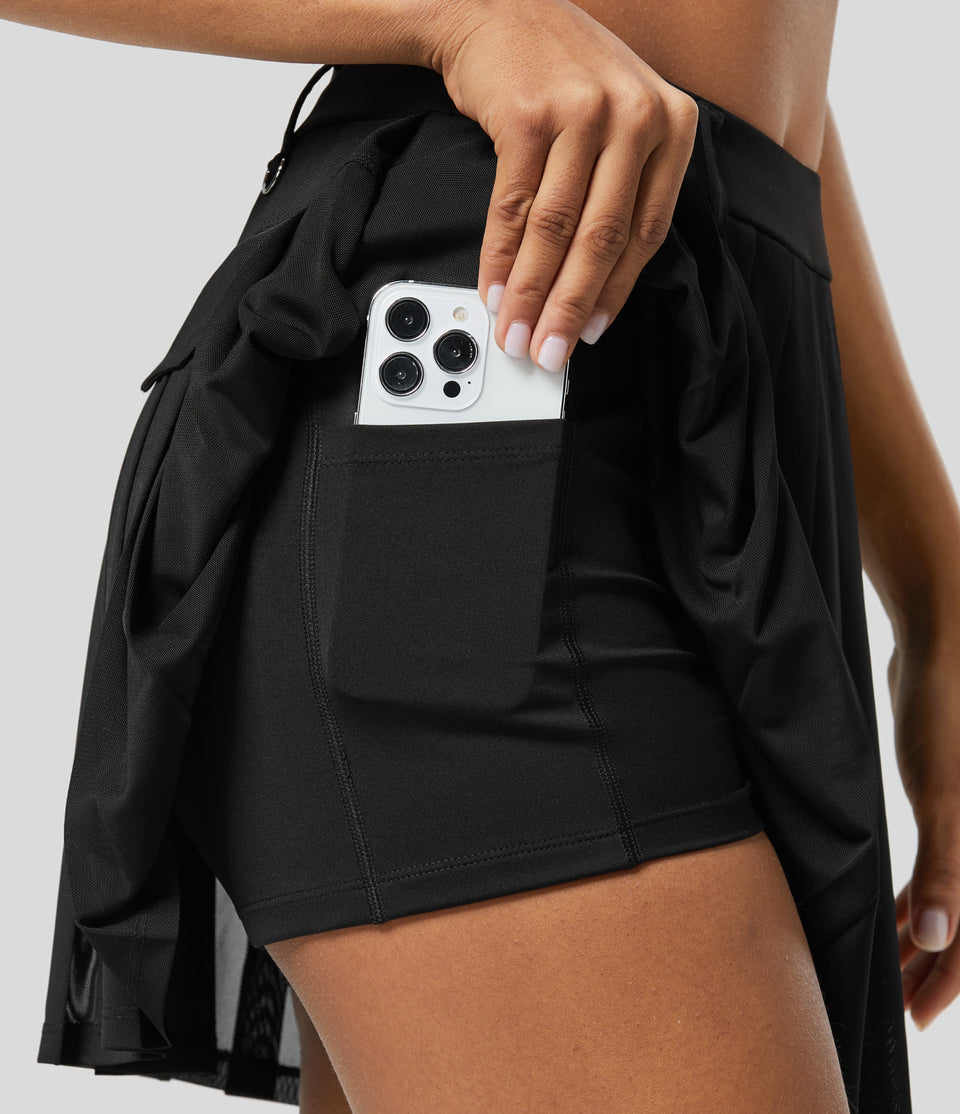 High Waisted 2-in-1 Side Pocket Pleated Contrast Mesh Mini Golf Skirt-Golf Tee Pocket