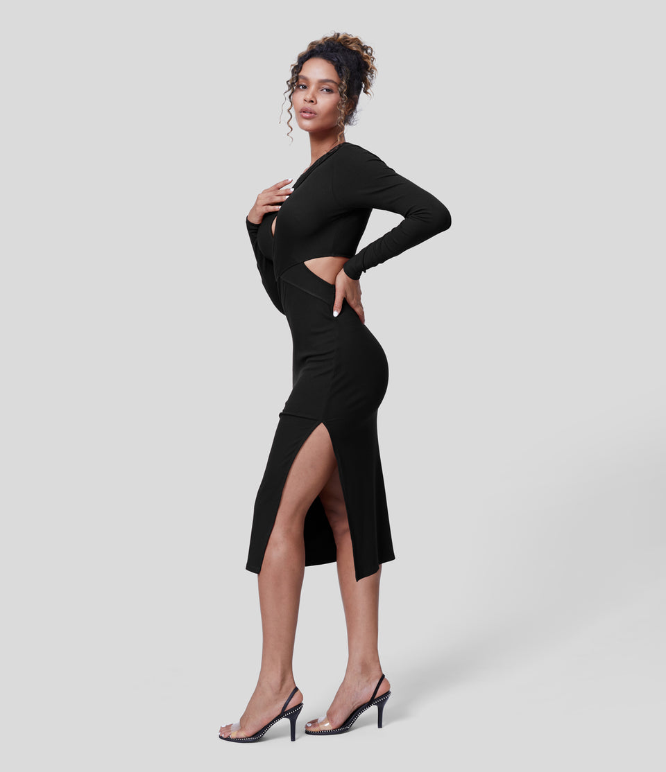 Ribbed Crossover Cut out Long Sleeve Split Hem Bodycon Midi Party Dress