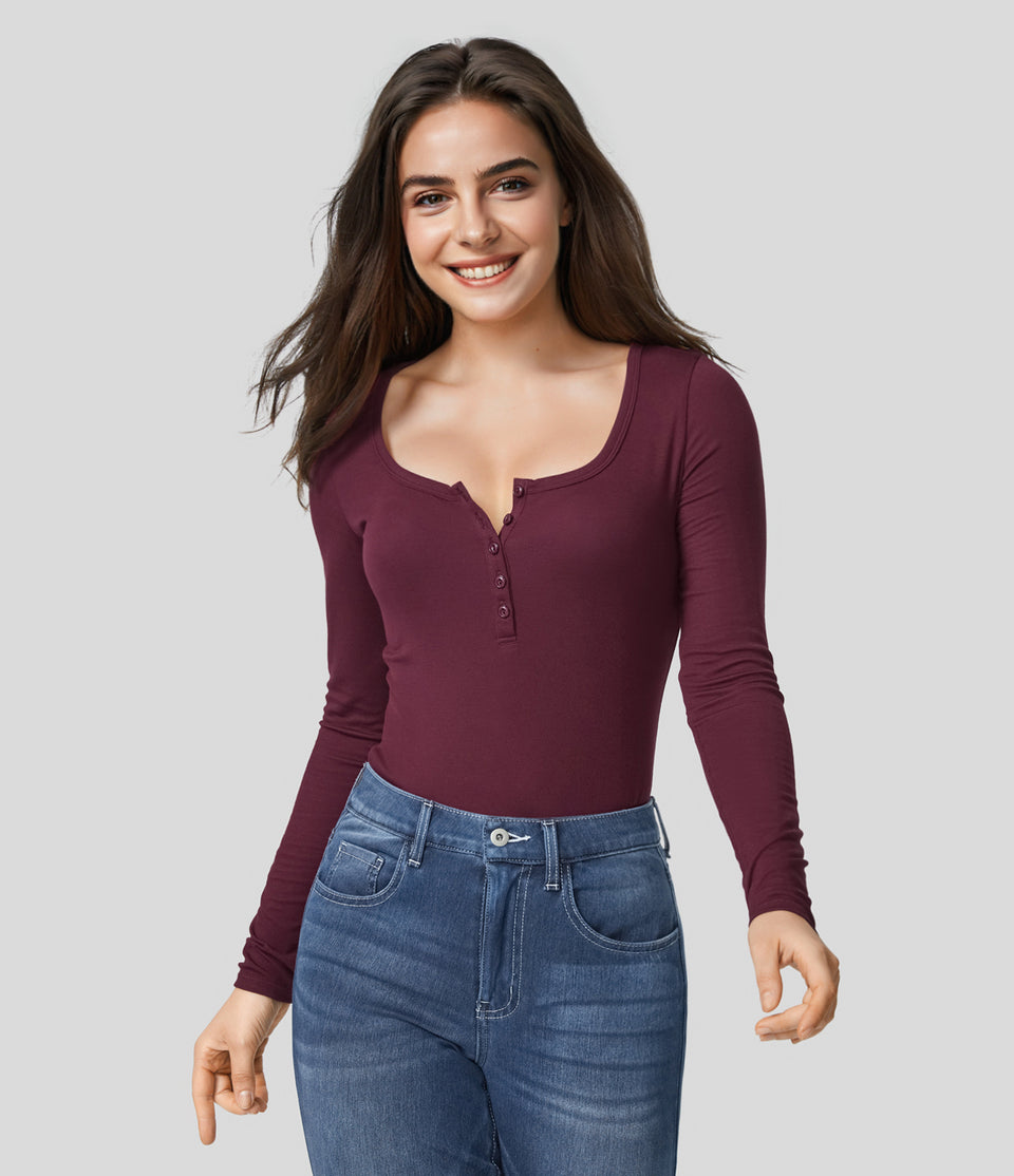 Ribbed Henley Neck Long Sleeve Slim Casual Top