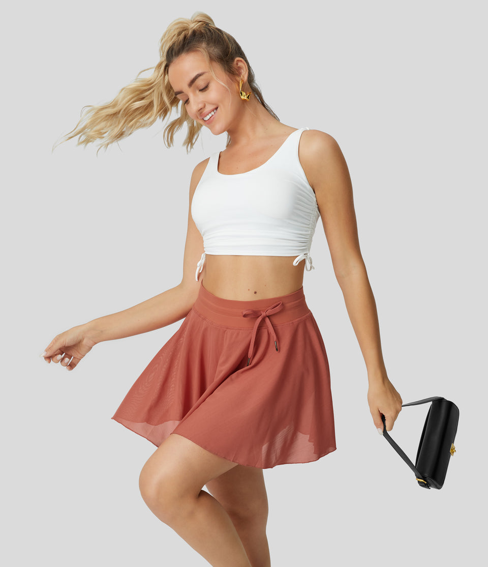 High Waisted Drawstring Contrast Mesh 2-in-1 Side Pocket Flowy Mini Flare Casual Skirt